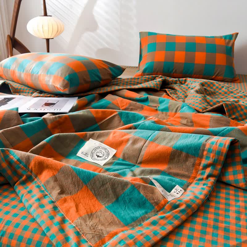 Plaid Cotton Bedding Set | Vintage Yarn-Dyed Design | 4 Pieces
