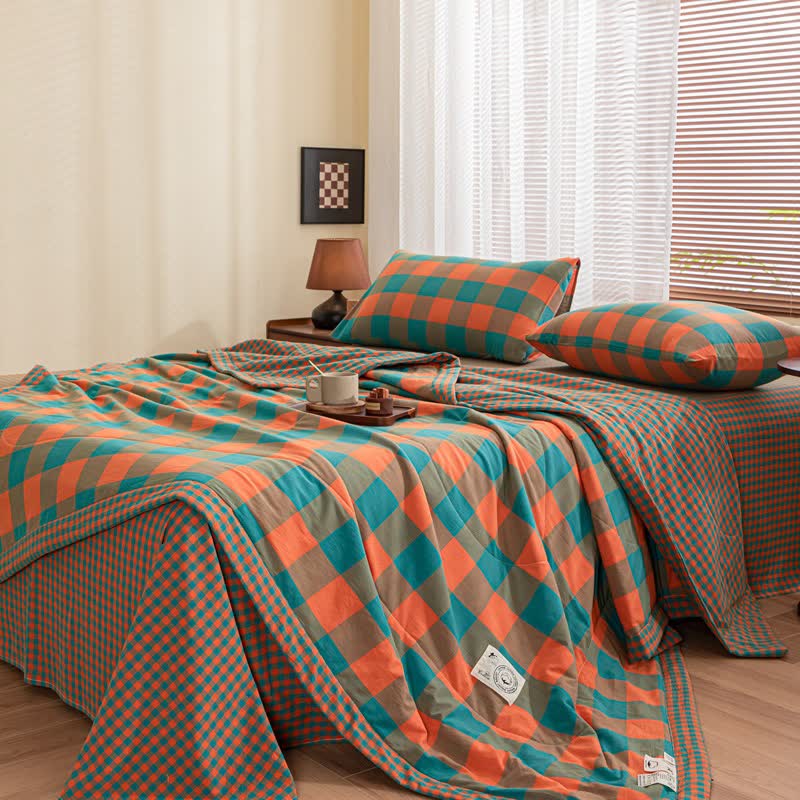 Plaid Cotton Bedding Set | Vintage Yarn-Dyed Design | 4 Pieces