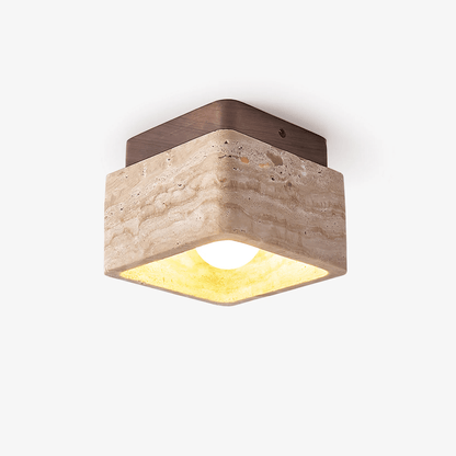 Terra Block Ceiling Light | Yellow Travertine & Walnut Wood | 12cm x 12cm x 9cm