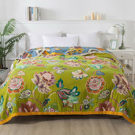 Colorful Floral Cotton Gauze Quilt | Breathable Reversible Design | Full/Queen Size