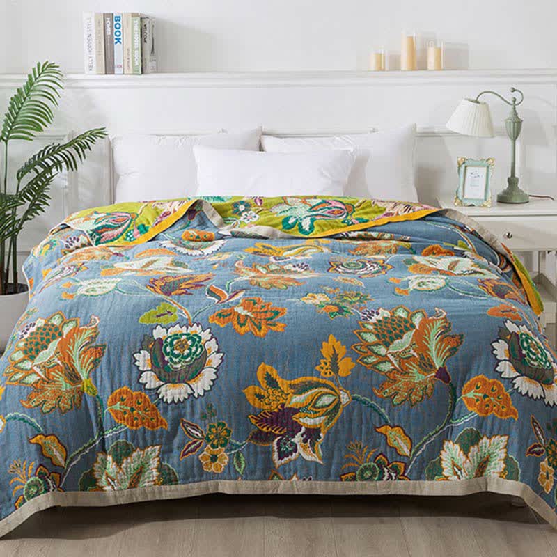 Colorful Floral Cotton Gauze Quilt | Breathable Reversible Design | Full/Queen Size