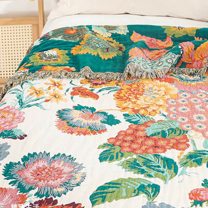 Floral Reversible Quilt | Cotton Gauze with Tassels | Full/Queen Size