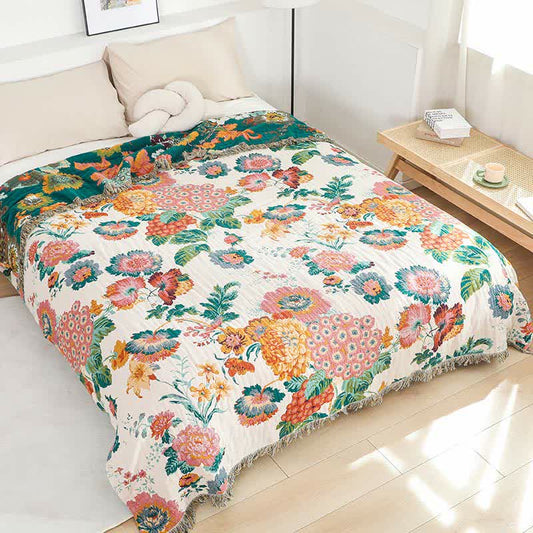 Floral Reversible Quilt | Cotton Gauze with Tassels | Full/Queen Size