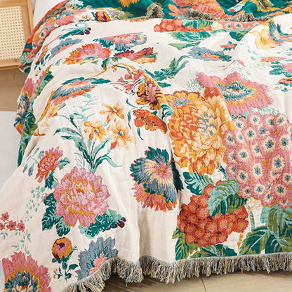 Floral Reversible Quilt | Cotton Gauze with Tassels | Full/Queen Size