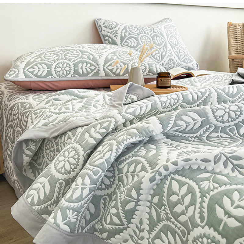 Geometric Leaf Coverlet | Jacquard Weave | Multiple Sizes
