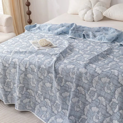 Cotton Gauze Quilt | Blue Ginkgo Leaf Jacquard | Twin, Full, Queen Sizes