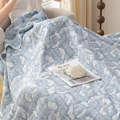 Cotton Gauze Quilt | Blue Ginkgo Leaf Jacquard | Twin, Full, Queen Sizes