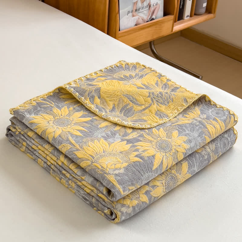 Sunflower Print Cotton Coverlet | Reversible Design | Twin, Full, Queen Sizes