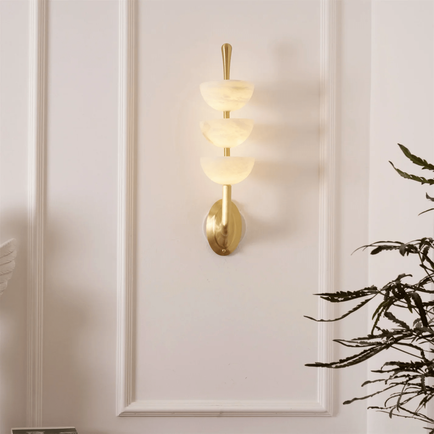 Alabaster Wall Sconce | Brass Frame & Alabaster Shades | Set of 2