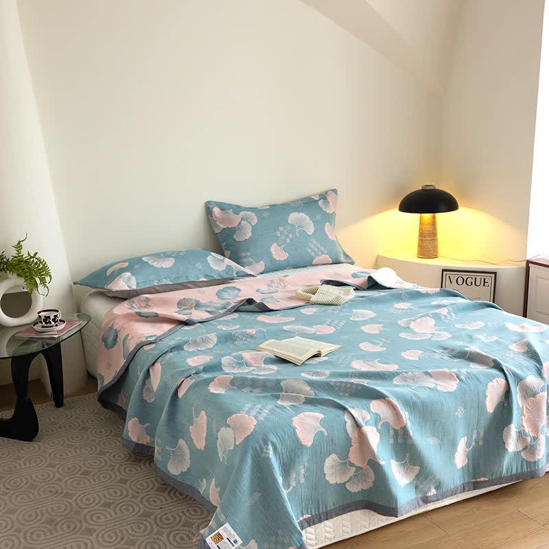 Ginkgo Leaf Quilt | 100% Organic Cotton | Reversible, Three Layers