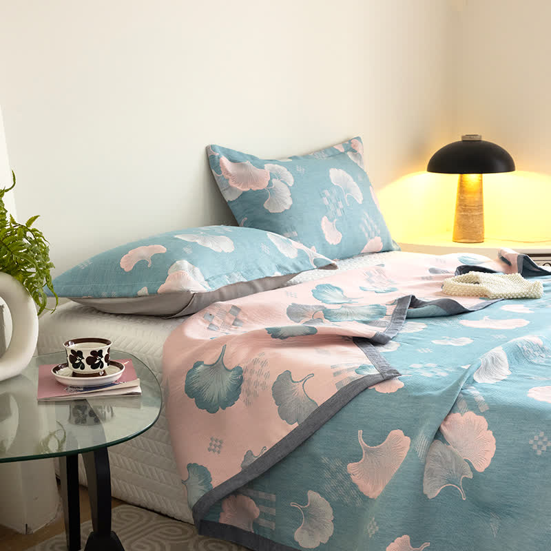 Ginkgo Leaf Quilt | 100% Organic Cotton | Reversible, Three Layers