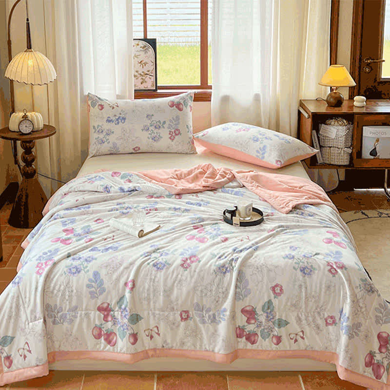 Floral Cotton Summer Quilt | Double Layer Gauze | Twin, Full, Queen, King Sizes