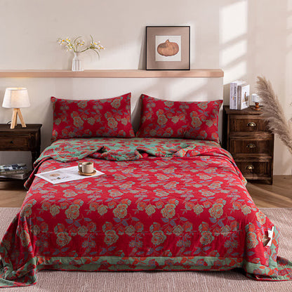 Retro Floral Cotton Summer Quilt | Double-Layer Design | Available in Twin, Full, Queen, King Sizes