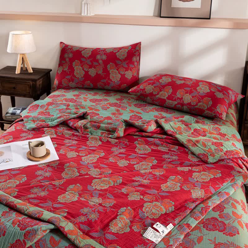 Retro Floral Cotton Summer Quilt | Double-Layer Design | Available in Twin, Full, Queen, King Sizes