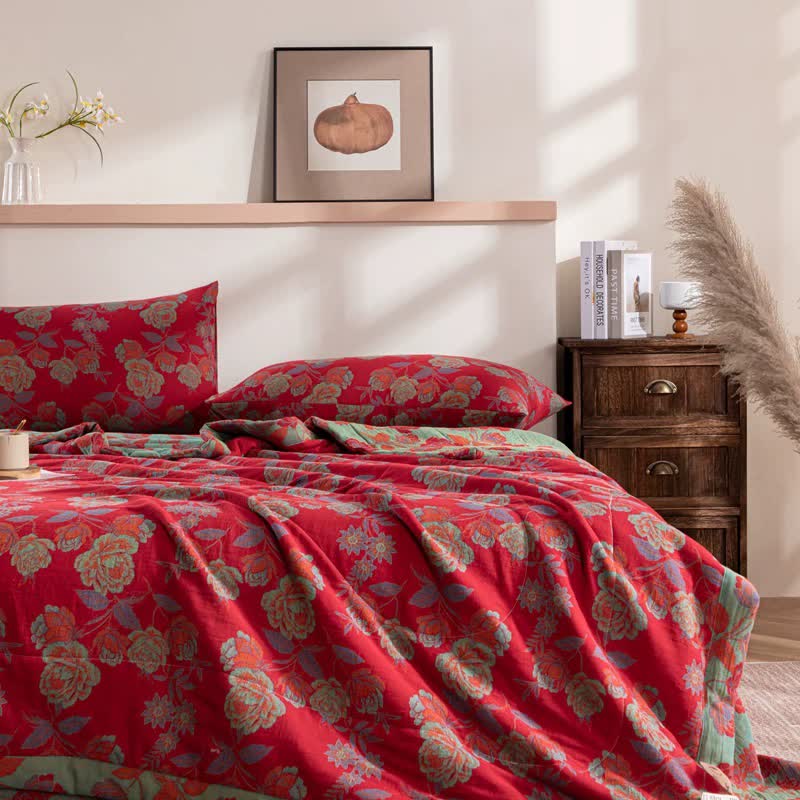 Retro Floral Cotton Summer Quilt | Double-Layer Design | Available in Twin, Full, Queen, King Sizes