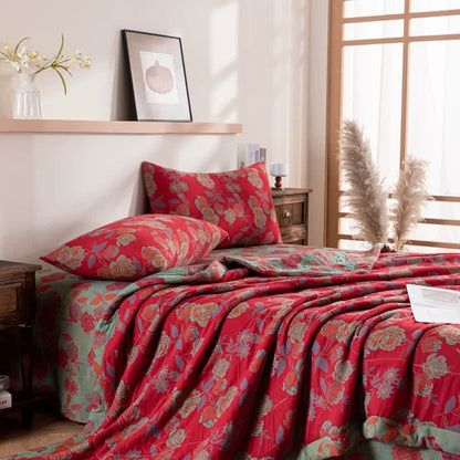 Retro Floral Cotton Summer Quilt | Double-Layer Design | Available in Twin, Full, Queen, King Sizes
