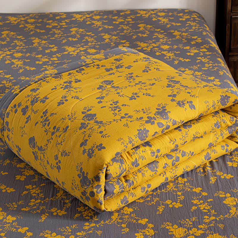 Floral Cotton Summer Quilt | Double-Layer Design | Yellow | Twin, Full, Queen, King Sizes