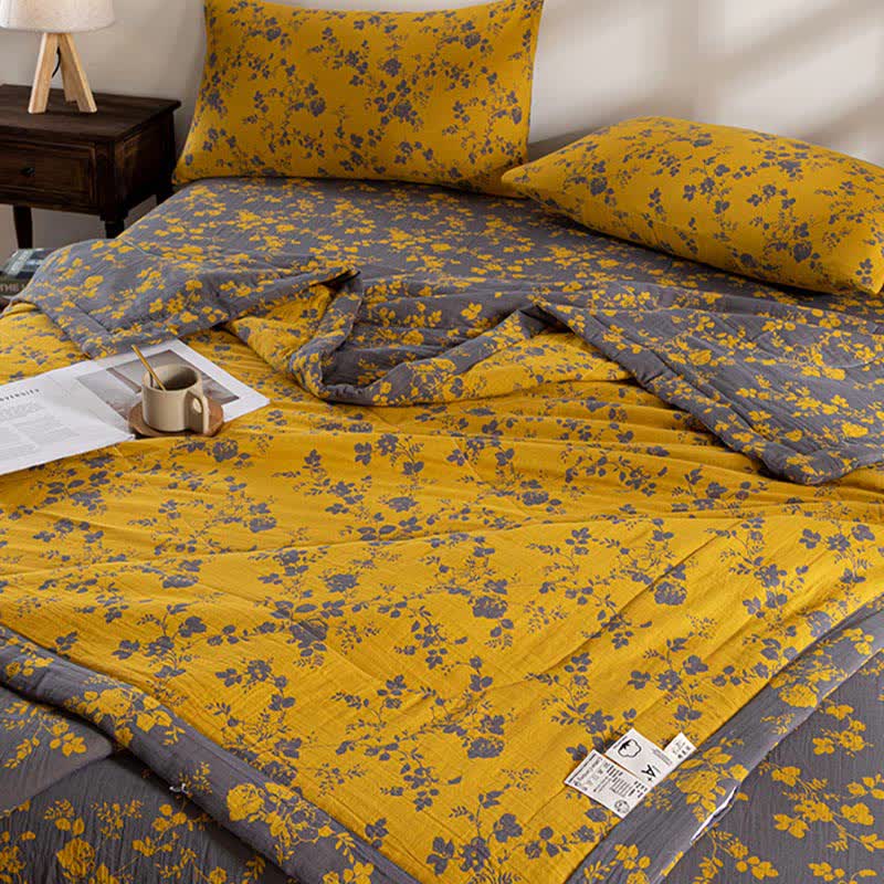 Floral Cotton Summer Quilt | Double-Layer Design | Yellow | Twin, Full, Queen, King Sizes