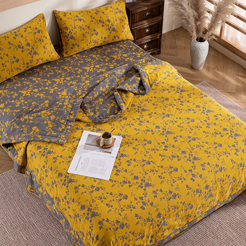 Floral Cotton Summer Quilt | Double-Layer Design | Yellow | Twin, Full, Queen, King Sizes