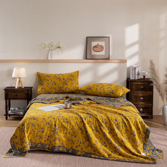 Floral Cotton Summer Quilt | Double-Layer Design | Yellow | Twin, Full, Queen, King Sizes