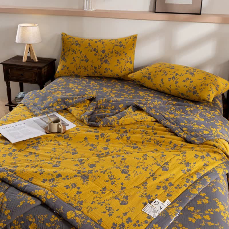 Floral Cotton Summer Quilt | Double-Layer Design | Yellow | Twin, Full, Queen, King Sizes