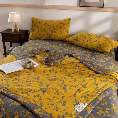 Floral Cotton Summer Quilt | Double-Layer Design | Yellow | Twin, Full, Queen, King Sizes