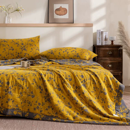 Floral Cotton Summer Quilt | Double-Layer Design | Yellow | Twin, Full, Queen, King Sizes