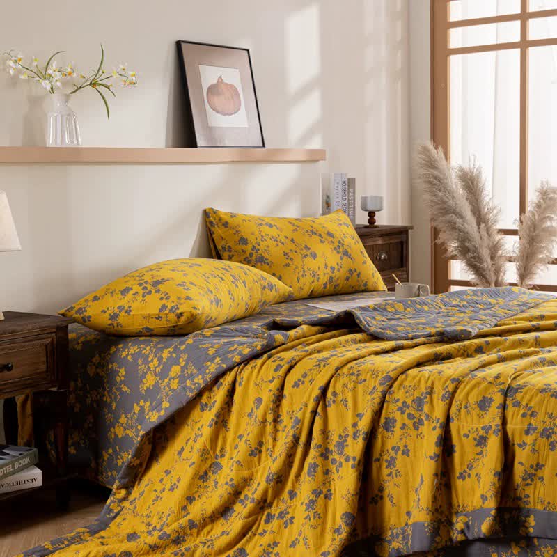 Floral Cotton Summer Quilt | Double-Layer Design | Yellow | Twin, Full, Queen, King Sizes