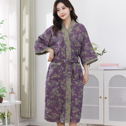 Cotton Gauze Bathrobe | Purple Floral Print | Double-Layer