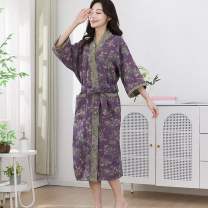 Cotton Gauze Bathrobe | Purple Floral Print | Double-Layer