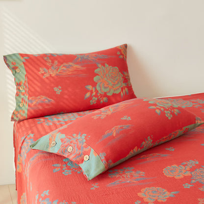 Cotton Reversible Coverlet | Peony Jacquard Design | Twin Size