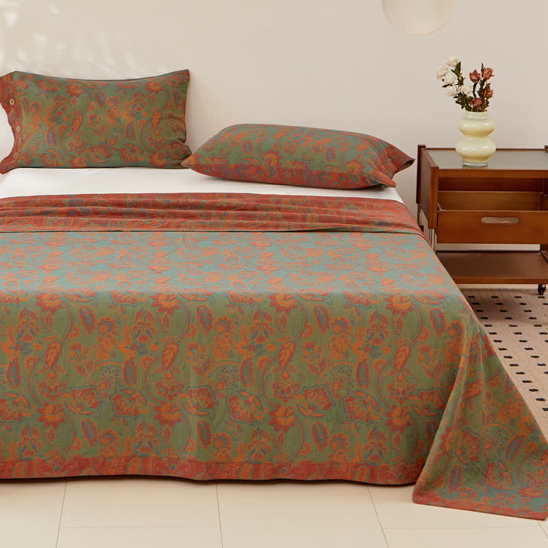 Retro Floral Twin Cotton Coverlet | Reversible Design