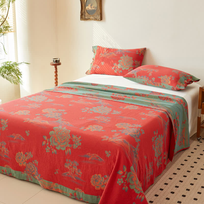 Cotton Reversible Coverlet | Peony Jacquard Design | Twin Size