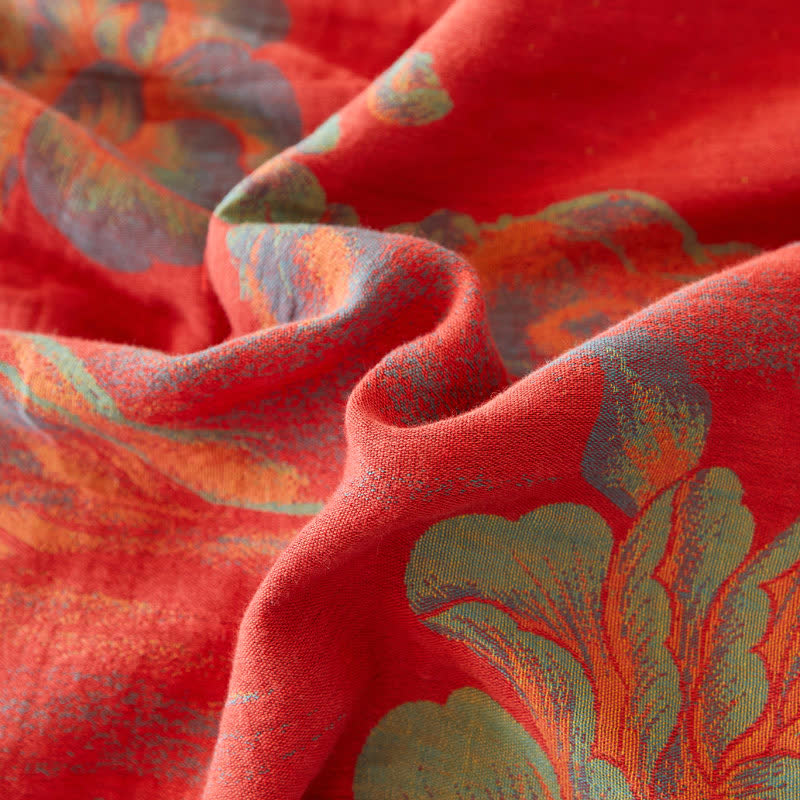 Cotton Reversible Coverlet | Peony Jacquard Design | Twin Size