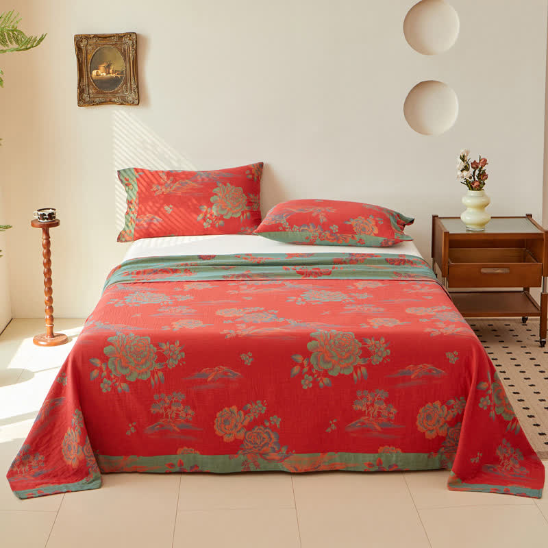 Cotton Reversible Coverlet | Peony Jacquard Design | Twin Size