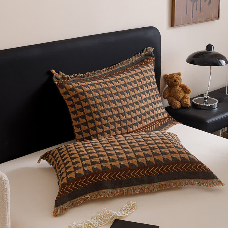 Geometric Pattern Quilt | Breathable Cotton Gauze | Four-Layer Design with Tassels
