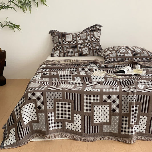 Cotton Gauze Quilt Set | Plaid & Polka Dots | Full/Queen with Tassels