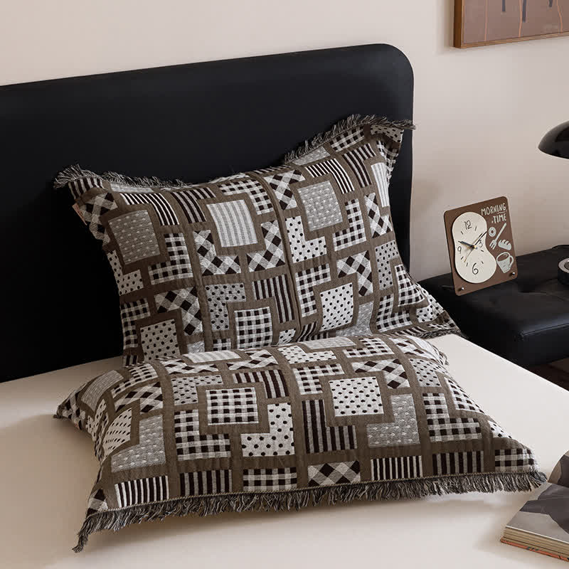 Cotton Gauze Quilt Set | Plaid & Polka Dots | Full/Queen with Tassels