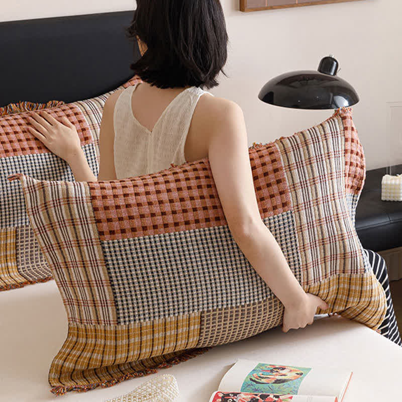 Plaid Print Four-layer Cotton Gauze Tassel Quilt