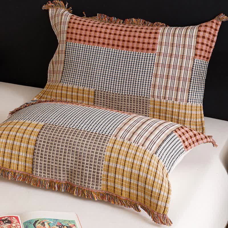 Plaid Cotton Gauze Quilt | Four-Layer Design with Tassels | Full/Queen Size Options