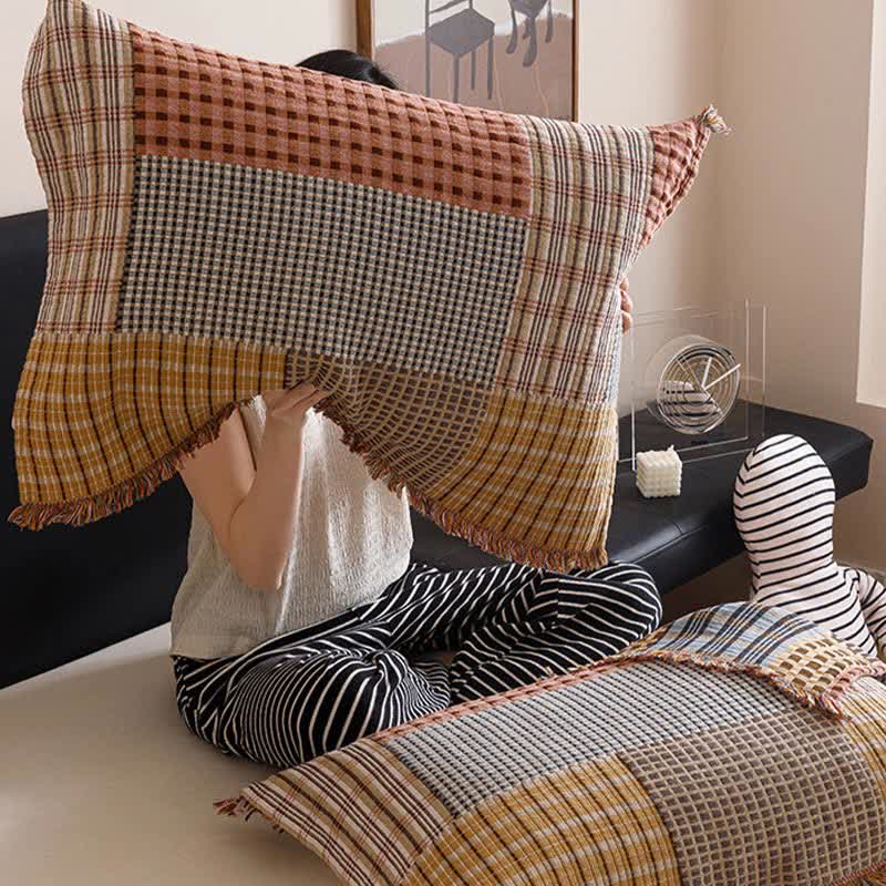 Plaid Cotton Gauze Quilt | Four-Layer Design with Tassels | Full/Queen Size Options