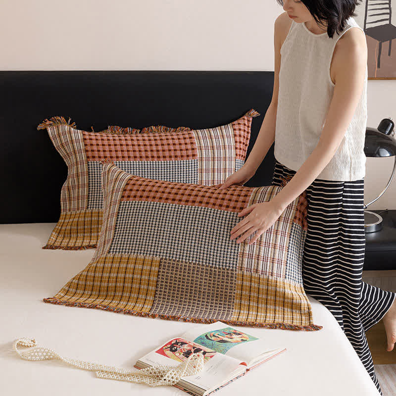 Plaid Cotton Gauze Quilt | Four-Layer Design with Tassels | Full/Queen Size Options