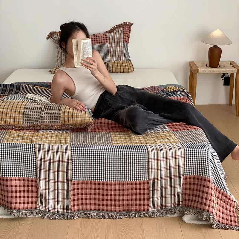Plaid Print Four-layer Cotton Gauze Tassel Quilt