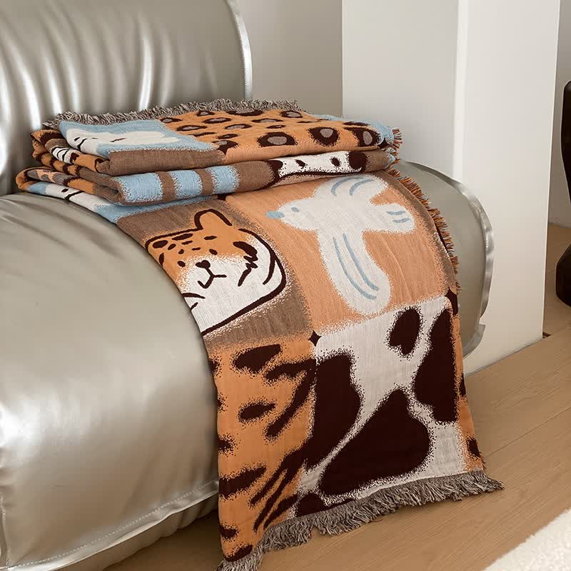 Animal Print Four-layer Cotton Gauze Tassel Quilt