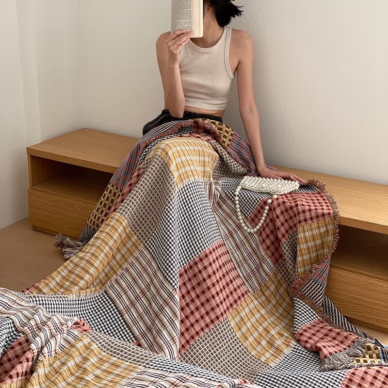 Plaid Print Four-layer Cotton Gauze Tassel Quilt