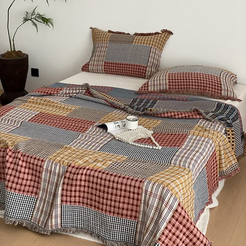 Plaid Cotton Gauze Quilt | Four-Layer Design with Tassels | Full/Queen Size Options
