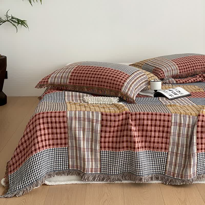 Plaid Cotton Gauze Quilt | Four-Layer Design with Tassels | Full/Queen Size Options
