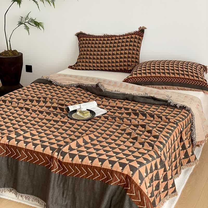 Geometric Pattern Quilt | Breathable Cotton Gauze | Four-Layer Design with Tassels