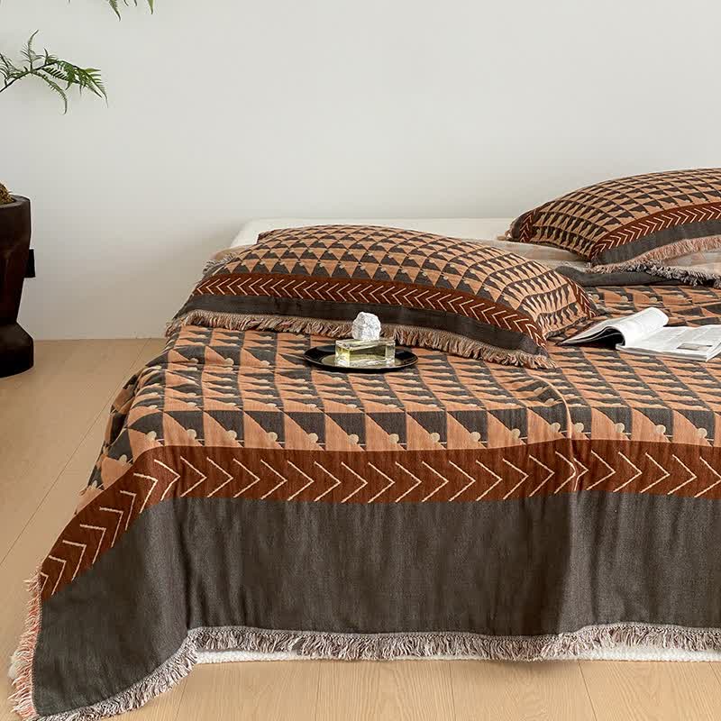 Geometric Pattern Quilt | Breathable Cotton Gauze | Four-Layer Design with Tassels