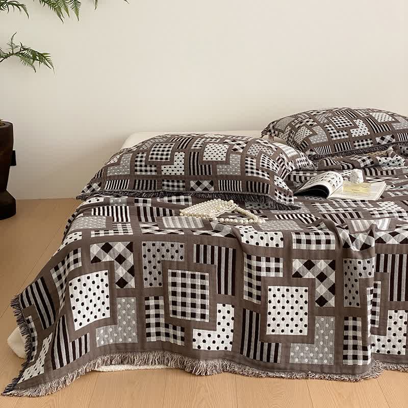 Cotton Gauze Quilt Set | Plaid & Polka Dots | Full/Queen with Tassels